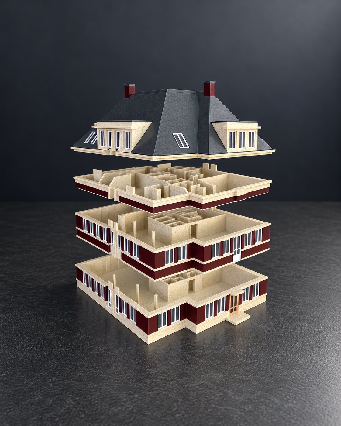 Exploded view van de maquette van de kantoorvilla: dak, verdiepingen en begane grond los boven elkaar (AI-illustratie)