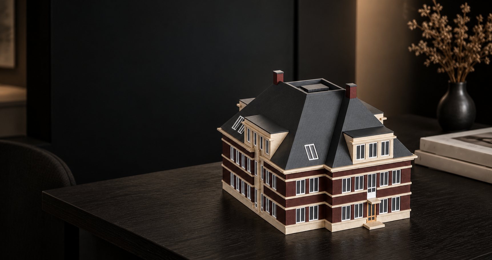 Maquette van een kantoorvilla met rode gevels, lichte banden en een grijs mansardedak (Sfeerbeeld · omgeving gemaakt met AI)